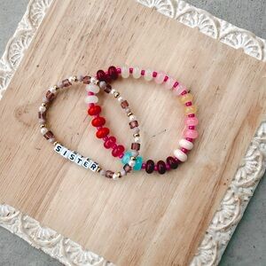 Kids Pink & Red Beaded 'Sister' Stretch Bracelet Set